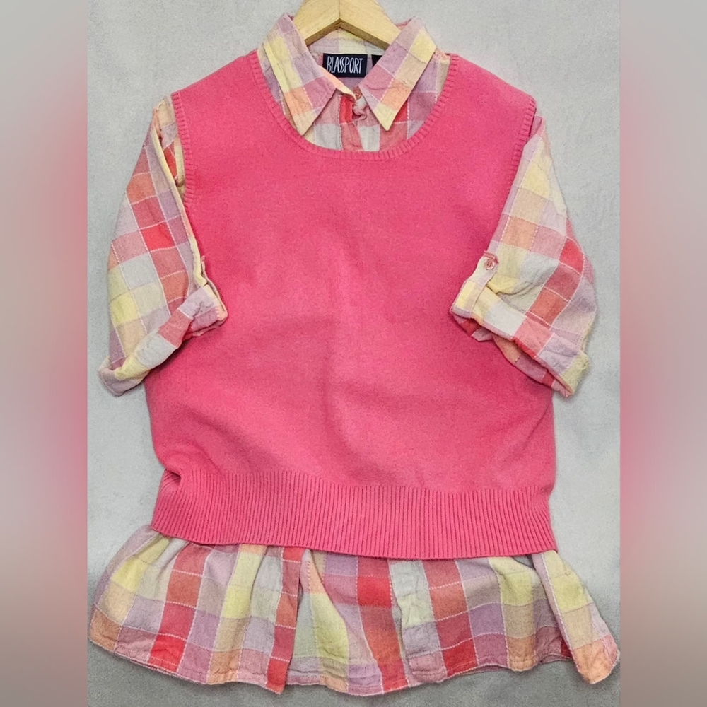 Pink & Yellow  Plaid 1/4 Shirt & Coral Vest